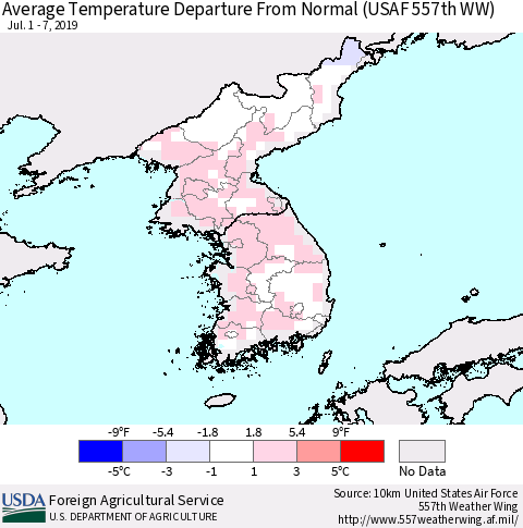 Korea Average Temperature Departure From Normal (USAF 557th WW) Thematic Map For 7/1/2019 - 7/7/2019
