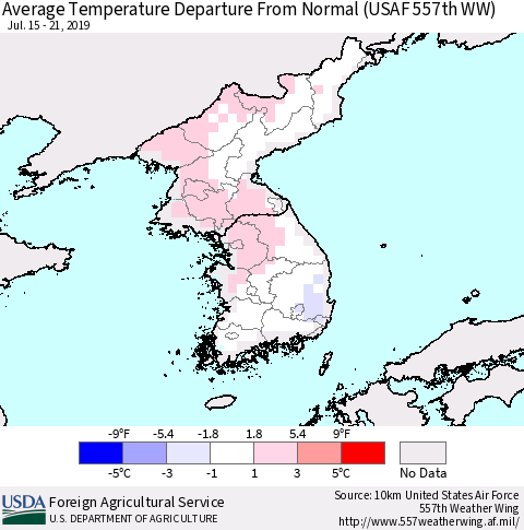 Korea Average Temperature Departure From Normal (USAF 557th WW) Thematic Map For 7/15/2019 - 7/21/2019