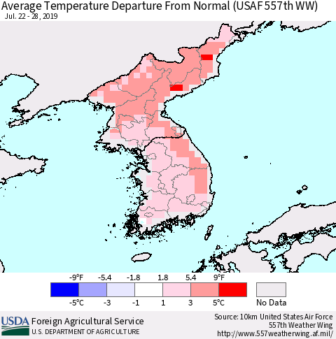 Korea Average Temperature Departure From Normal (USAF 557th WW) Thematic Map For 7/22/2019 - 7/28/2019