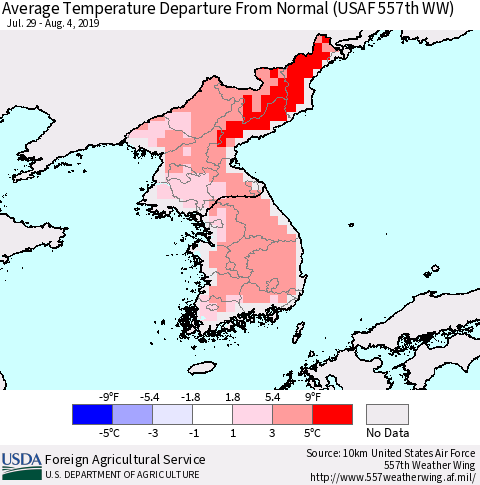 Korea Average Temperature Departure From Normal (USAF 557th WW) Thematic Map For 7/29/2019 - 8/4/2019