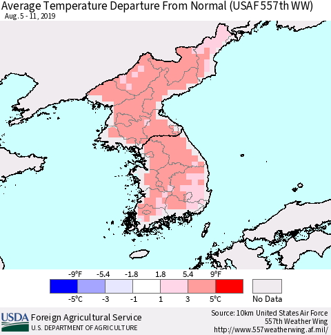 Korea Average Temperature Departure From Normal (USAF 557th WW) Thematic Map For 8/5/2019 - 8/11/2019