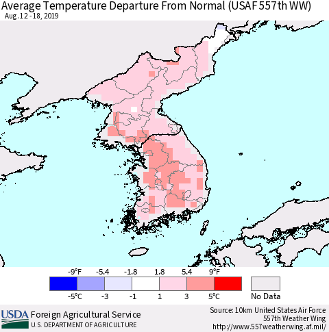 Korea Average Temperature Departure From Normal (USAF 557th WW) Thematic Map For 8/12/2019 - 8/18/2019