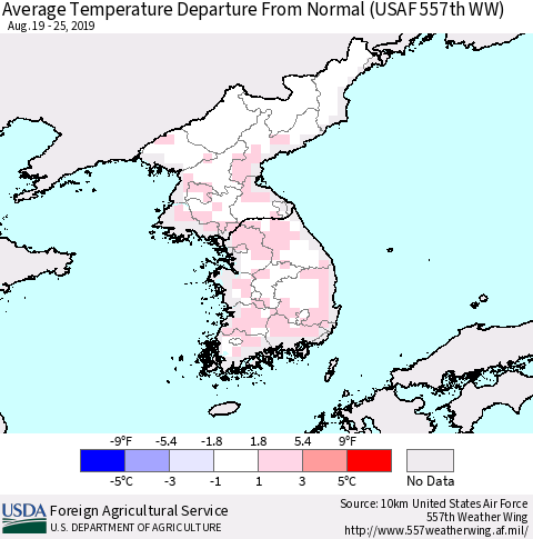 Korea Average Temperature Departure From Normal (USAF 557th WW) Thematic Map For 8/19/2019 - 8/25/2019