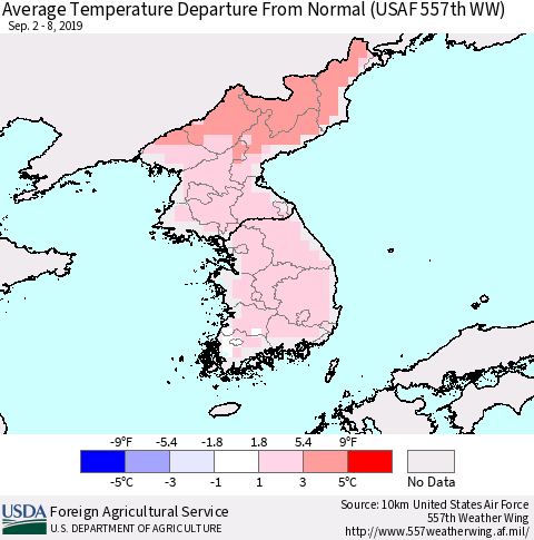 Korea Average Temperature Departure from Normal (USAF 557th WW) Thematic Map For 9/2/2019 - 9/8/2019