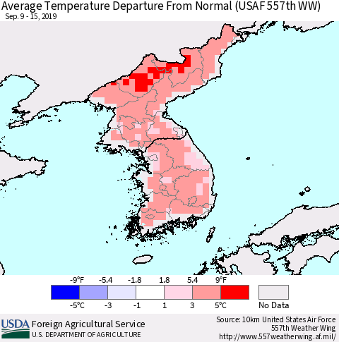 Korea Average Temperature Departure From Normal (USAF 557th WW) Thematic Map For 9/9/2019 - 9/15/2019