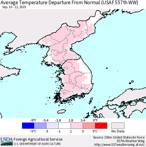 Korea Average Temperature Departure From Normal (USAF 557th WW) Thematic Map For 9/16/2019 - 9/22/2019
