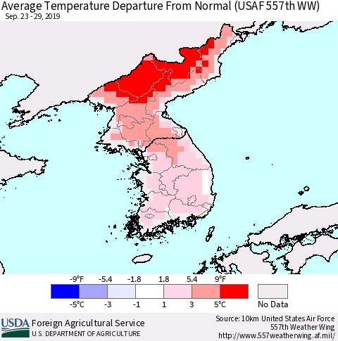 Korea Average Temperature Departure from Normal (USAF 557th WW) Thematic Map For 9/23/2019 - 9/29/2019