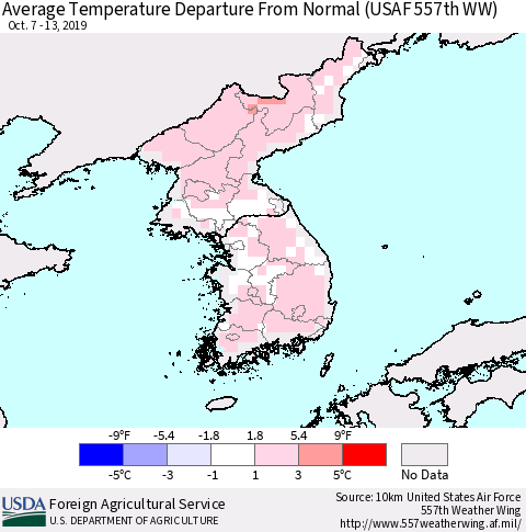 Korea Average Temperature Departure From Normal (USAF 557th WW) Thematic Map For 10/7/2019 - 10/13/2019