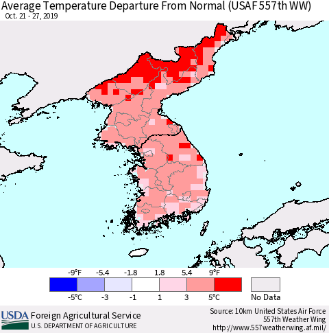 Korea Average Temperature Departure From Normal (USAF 557th WW) Thematic Map For 10/21/2019 - 10/27/2019
