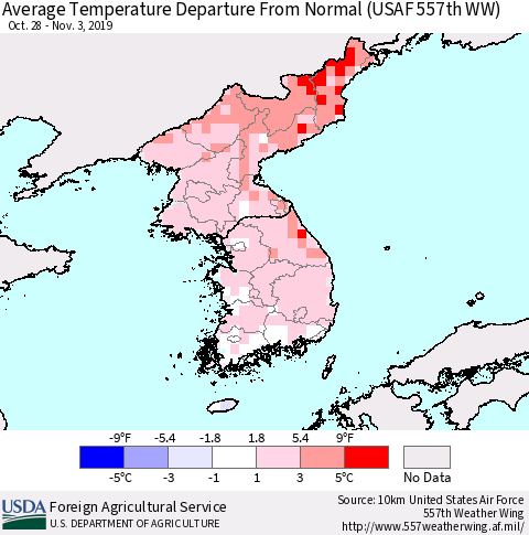 Korea Average Temperature Departure from Normal (USAF 557th WW) Thematic Map For 10/28/2019 - 11/3/2019