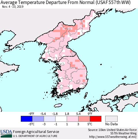 Korea Average Temperature Departure From Normal (USAF 557th WW) Thematic Map For 11/4/2019 - 11/10/2019