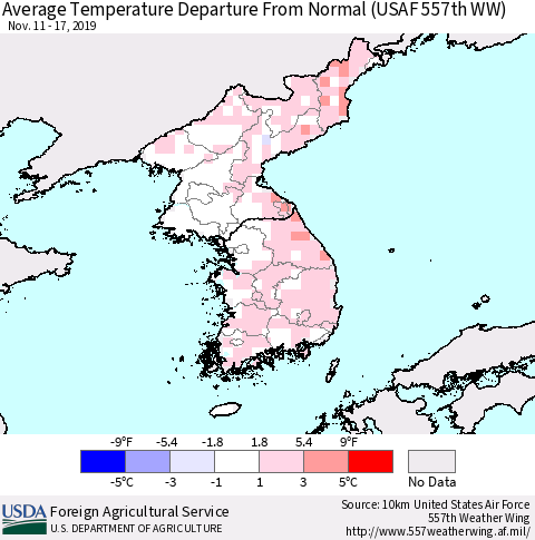 Korea Average Temperature Departure from Normal (USAF 557th WW) Thematic Map For 11/11/2019 - 11/17/2019