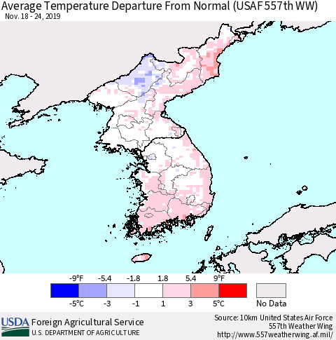Korea Average Temperature Departure from Normal (USAF 557th WW) Thematic Map For 11/18/2019 - 11/24/2019