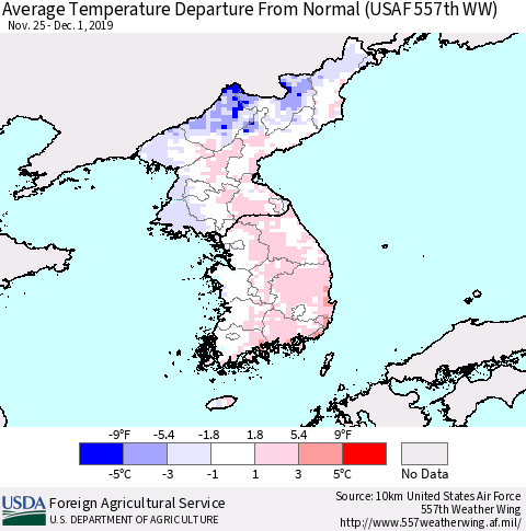 Korea Average Temperature Departure from Normal (USAF 557th WW) Thematic Map For 11/25/2019 - 12/1/2019