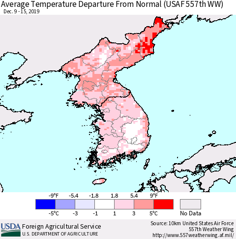 Korea Average Temperature Departure from Normal (USAF 557th WW) Thematic Map For 12/9/2019 - 12/15/2019