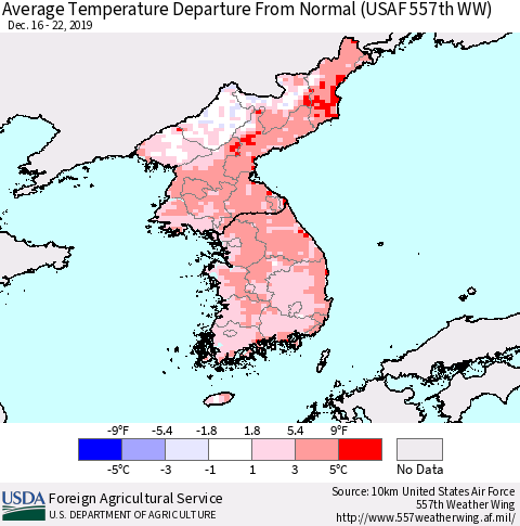 Korea Average Temperature Departure from Normal (USAF 557th WW) Thematic Map For 12/16/2019 - 12/22/2019