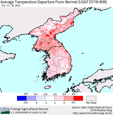 Korea Average Temperature Departure From Normal (USAF 557th WW) Thematic Map For 12/23/2019 - 12/29/2019