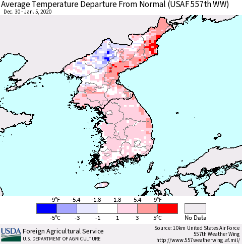 Korea Average Temperature Departure from Normal (USAF 557th WW) Thematic Map For 12/30/2019 - 1/5/2020