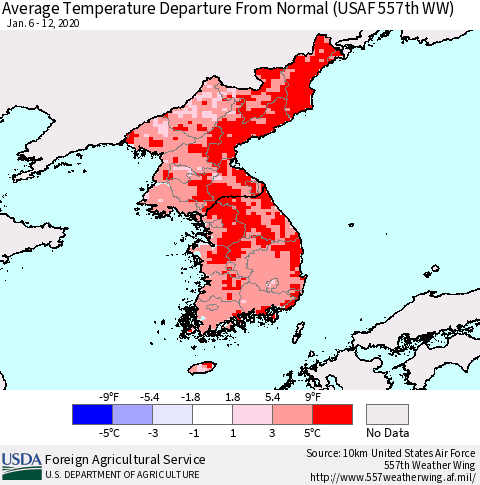 Korea Average Temperature Departure from Normal (USAF 557th WW) Thematic Map For 1/6/2020 - 1/12/2020