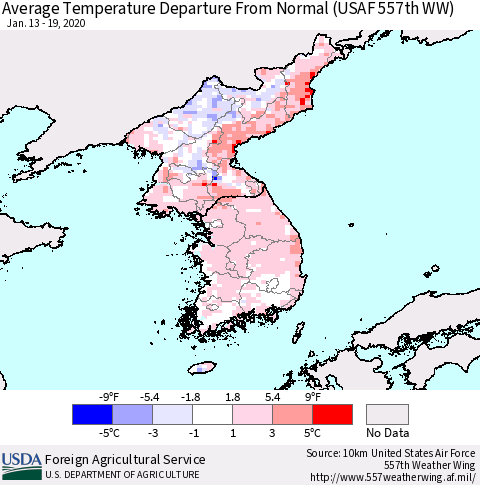 Korea Average Temperature Departure From Normal (USAF 557th WW) Thematic Map For 1/13/2020 - 1/19/2020