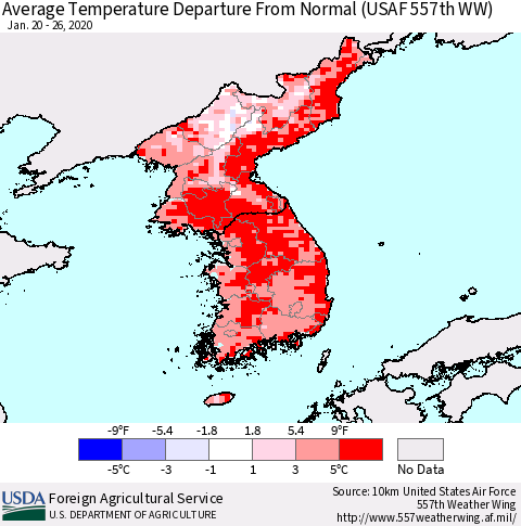 Korea Average Temperature Departure From Normal (USAF 557th WW) Thematic Map For 1/20/2020 - 1/26/2020