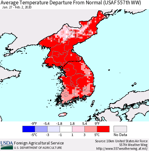 Korea Average Temperature Departure from Normal (USAF 557th WW) Thematic Map For 1/27/2020 - 2/2/2020