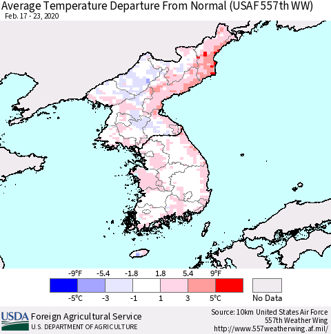 Korea Average Temperature Departure from Normal (USAF 557th WW) Thematic Map For 2/17/2020 - 2/23/2020