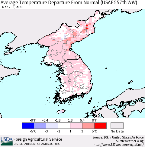 Korea Average Temperature Departure From Normal (USAF 557th WW) Thematic Map For 3/2/2020 - 3/8/2020
