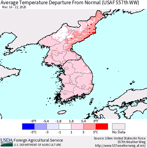Korea Average Temperature Departure From Normal (USAF 557th WW) Thematic Map For 3/16/2020 - 3/22/2020