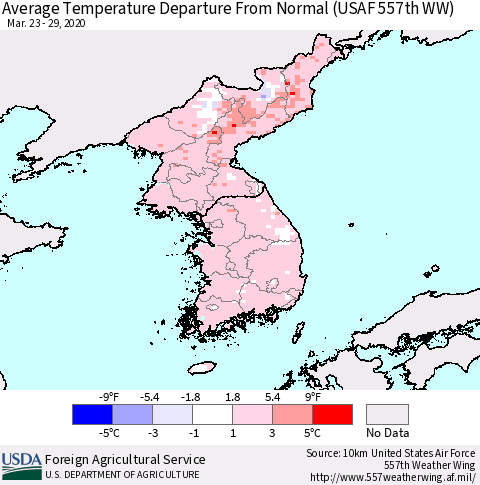 Korea Average Temperature Departure from Normal (USAF 557th WW) Thematic Map For 3/23/2020 - 3/29/2020