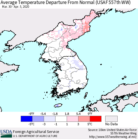 Korea Average Temperature Departure from Normal (USAF 557th WW) Thematic Map For 3/30/2020 - 4/5/2020