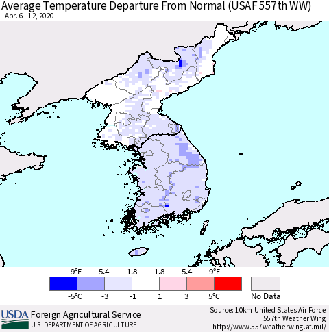 Korea Average Temperature Departure from Normal (USAF 557th WW) Thematic Map For 4/6/2020 - 4/12/2020