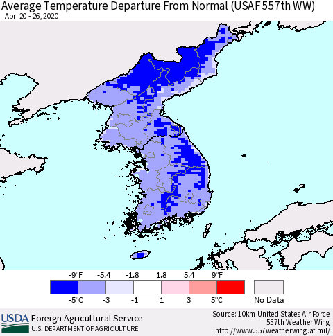 Korea Average Temperature Departure from Normal (USAF 557th WW) Thematic Map For 4/20/2020 - 4/26/2020