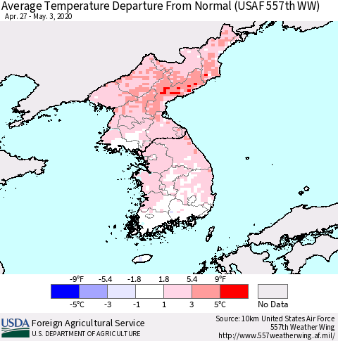 Korea Average Temperature Departure From Normal (USAF 557th WW) Thematic Map For 4/27/2020 - 5/3/2020