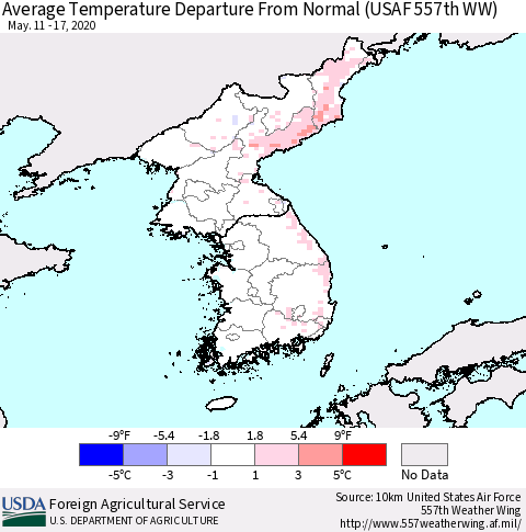 Korea Average Temperature Departure from Normal (USAF 557th WW) Thematic Map For 5/11/2020 - 5/17/2020