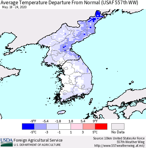 Korea Average Temperature Departure from Normal (USAF 557th WW) Thematic Map For 5/18/2020 - 5/24/2020