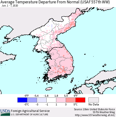 Korea Average Temperature Departure from Normal (USAF 557th WW) Thematic Map For 6/1/2020 - 6/7/2020