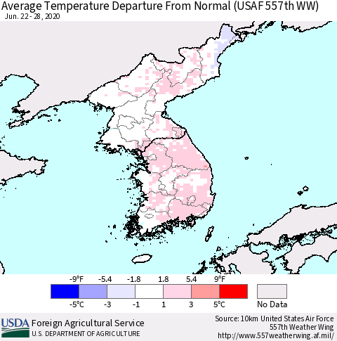 Korea Average Temperature Departure From Normal (USAF 557th WW) Thematic Map For 6/22/2020 - 6/28/2020