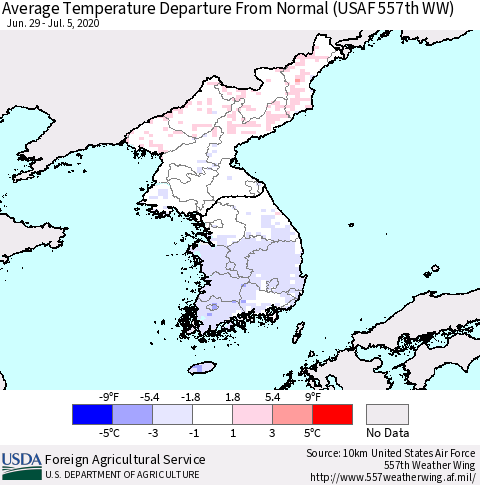 Korea Average Temperature Departure from Normal (USAF 557th WW) Thematic Map For 6/29/2020 - 7/5/2020