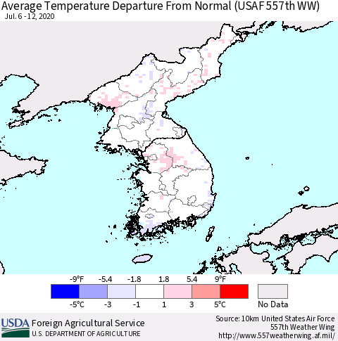 Korea Average Temperature Departure from Normal (USAF 557th WW) Thematic Map For 7/6/2020 - 7/12/2020