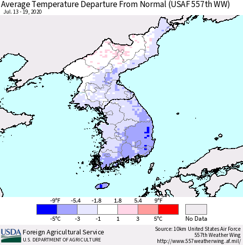 Korea Average Temperature Departure from Normal (USAF 557th WW) Thematic Map For 7/13/2020 - 7/19/2020