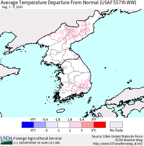 Korea Average Temperature Departure from Normal (USAF 557th WW) Thematic Map For 8/3/2020 - 8/9/2020