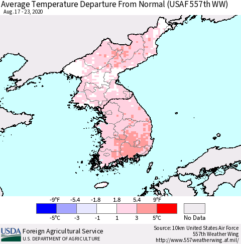 Korea Average Temperature Departure from Normal (USAF 557th WW) Thematic Map For 8/17/2020 - 8/23/2020