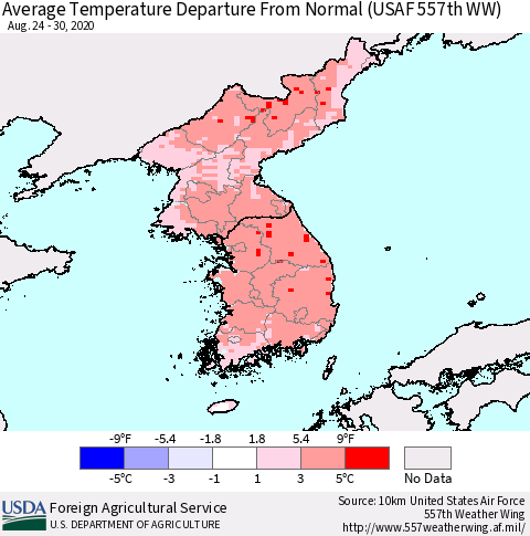 Korea Average Temperature Departure from Normal (USAF 557th WW) Thematic Map For 8/24/2020 - 8/30/2020
