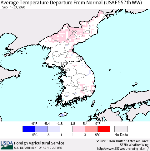 Korea Average Temperature Departure from Normal (USAF 557th WW) Thematic Map For 9/7/2020 - 9/13/2020