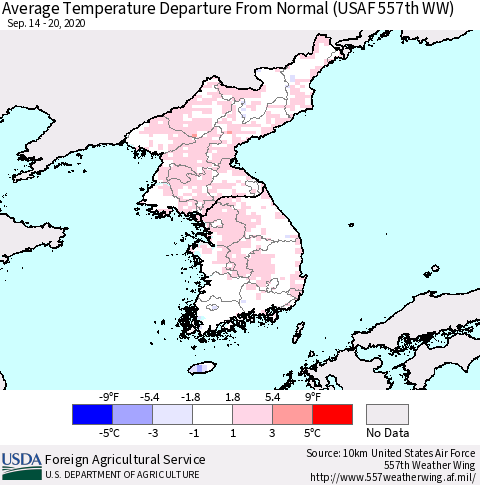 Korea Average Temperature Departure From Normal (USAF 557th WW) Thematic Map For 9/14/2020 - 9/20/2020