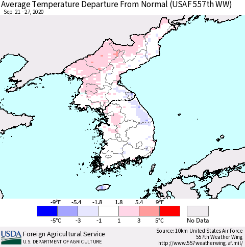 Korea Average Temperature Departure from Normal (USAF 557th WW) Thematic Map For 9/21/2020 - 9/27/2020
