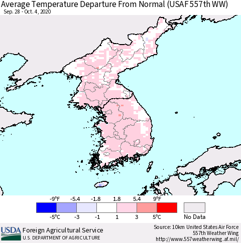 Korea Average Temperature Departure from Normal (USAF 557th WW) Thematic Map For 9/28/2020 - 10/4/2020
