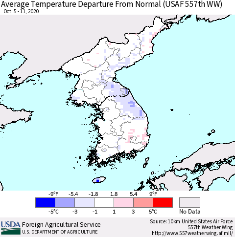 Korea Average Temperature Departure From Normal (USAF 557th WW) Thematic Map For 10/5/2020 - 10/11/2020