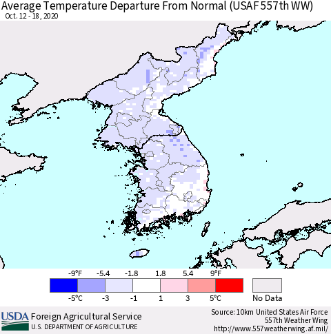 Korea Average Temperature Departure From Normal (USAF 557th WW) Thematic Map For 10/12/2020 - 10/18/2020